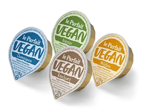 Le Parfait Sortiert: Rauchzart, Mildfein, Kräuter, Champignon 1 Karton (120 x 25g) - Veganer Brotaufstrich in praktischen 25g Portionen, ideal für Frühstücksbuffets und leichtes Essen. Ohne Zusatzstoffe, perfekt für gesunde Ernährung im Café oder Krankenhaus.