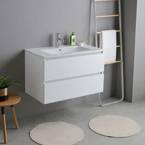 KIAMAMI VALENTINA Mobile bagno 80cm Weiß Holzoptik mit Keramikwaschbecken