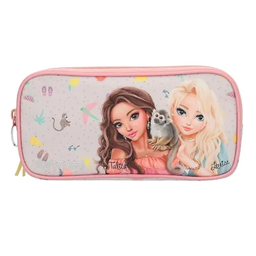 Depesche 13325 TOPModel Juicy - Schlampertasche in Creme und Rosa, mit Model Motiv, Äffchen und buntem Muster, Federtasche mit Netzfach