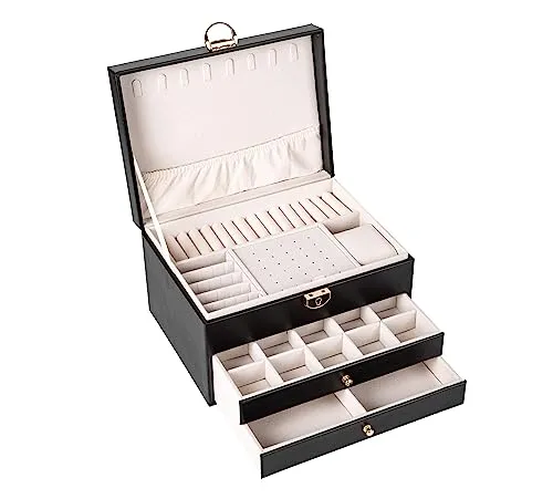 BESTIF Schmuckkästchen Schmuckbox Schmuckkasten Groß Ketten PU Leder Jewellery Box (Schwarz)