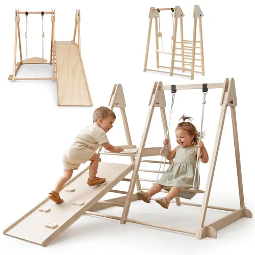 Mamabrum Indoor Spielplatz Holz mit Rutsche und Schaukel - Kompakter Indoor Spielplatz aus Holz mit Rutsche, Kletterwand und Schaukel. Ideal für aktives Spielen und Bewegung zu Hause. Faltbar und platzsparend, sorgt er für abwechslungsreiche Spielmöglichkeiten.