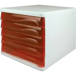 helit Schubladenbox 5 Schübe in Weiß/Rot Transparent - Praktische Schubladenbox mit 5 Schüben, ideal für die Aufbewahrung von Büromaterialien und Zubehör, aus robustem Kunststoff.