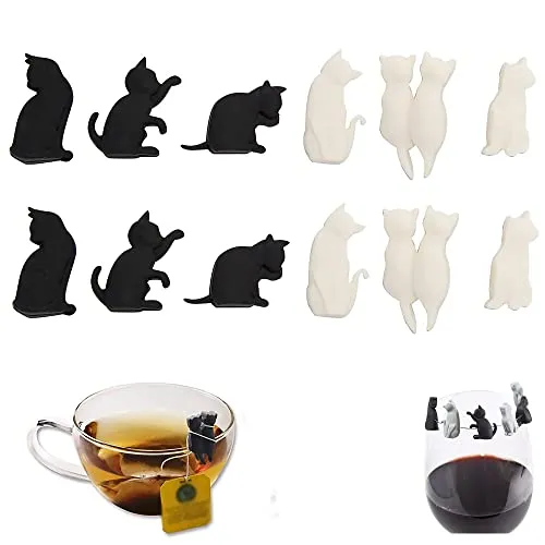 Hezhou 12 Stück Glasmarker, Weinglasmarker, Silikon, Teebeutelhalter, wiederverwendbar für Weinglas, Champagnerglas, Cocktailglas, Trinkglas, Katzenform-Design, Schwarz und Weiß