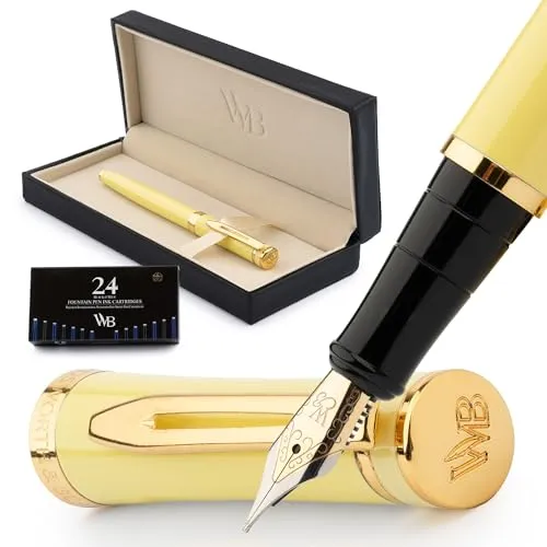 Wordsworth & Black Füllfederhalter-Set, mittlere 18-Karat-Goldfeder, inklusive 24 Tintenpatronen, Kolbenkonverter und Geschenkbox, goldfarben, Kalligraphie, Gelb
