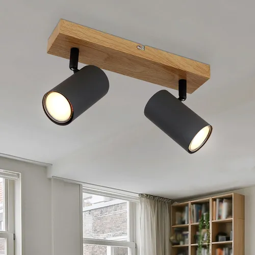 Moderne Deckenleuchte Holzoptik 2-flammig verstellbar GU10 - Stilvolle Deckenlampe in Holzoptik, verstellbare Spots für gezielte Beleuchtung. Ideal für Wohnzimmer, Küche und Büro, sorgt für eine angenehme Atmosphäre.