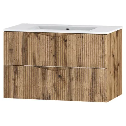 Lomadox Badezimmer Waschtisch 80 cm Eiche mit Rillenfront