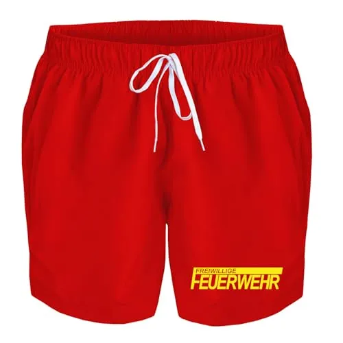 Badehose Herren Freiwillige Feuerwehr Badeshorts Bedruckt Männer Schwimmhose Beach Shorts Swim Shorts Men, Größe:3XL, Farbe:rot