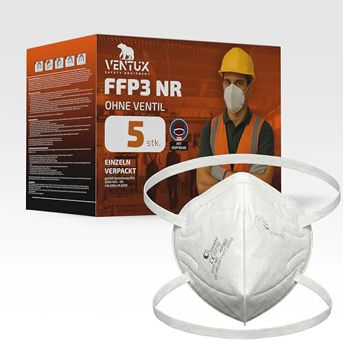 5x VENTUX FFP3 NR Atemschutzmasken faltbar – CE-zertifiziert (EN 149:2001+A1:2009) – Einweg mit Ohrschlaufen – Mit elastischem Kopfband