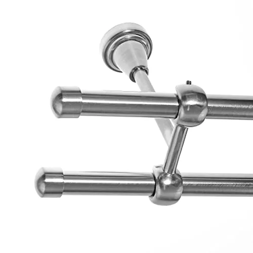 BASIT Gardinenstange I Edelstahl Look Metall Ø 16mm I Vorhangstange I Gardinenstangenset I Deckenbefestigung I 2 läufig mit Deckenmontage I Kappe gewölbt I Länge 160 cm I Design D24 E17 E17