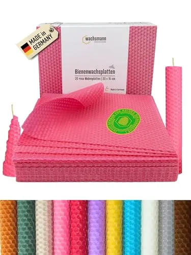 Wachsmann Bienenwachsplatten 20x15 cm, rosa - Kerzenwachs aus 100% reinem Bienenwachs aus Deutschland, ideal zum einfachen Selbermachen von duftenden Kerzen. Perfekt für kreative Bastelstunden mit der Familie.