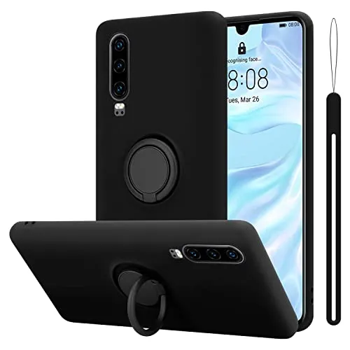 Cadorabo Hülle kompatibel mit Huawei P30 Schutzhülle TPU Silikon Case Liquid Design mit Ring Slim Kratzfest Liquidsilikon Microfaser mit Rundumschutz Case Hülle für Huawei P30 in Schwarz