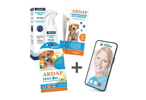 Canosept Fellpflege ARDAP Floh- und Zeckenschutz-Paket für Hunde M - Umfassender Schutz für Hunde gegen Zecken und Flöhe. Enthält ARDAP Spot-On für bis zu 12 Wochen Schutz, praktische Zeckenentfernung und Hautpflege für eine optimale Pflege.