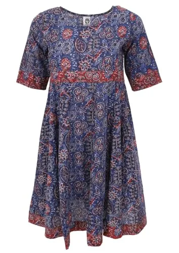 GURU SHOP Boho Minikleid - Sommerliches Baumwollkleid in Indigo für Damen - Freizeitkleid für Damen, aus angenehmer Baumwolle, ideal für heiße Tage und im eleganten Boho-Style mit handgefertigtem Druck.