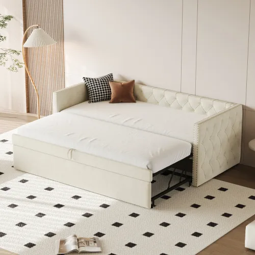 MODFU Ausziehbares Schlafsofa 90x200cm/180x200cm mit Lattenrost, Einze/Doppelbett Daybett, Gästebett Jugendbett, Beige(Ohne Matratze)