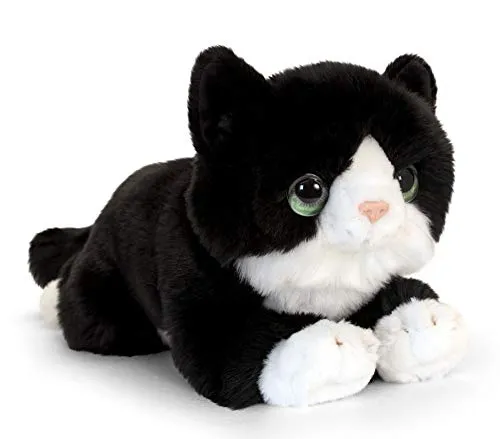 tachi Stofftier Katze schwarz, Große Kuscheltier Mieze liegend, Flauschiges Plüschtier 32 cm