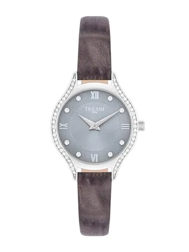 Trilani Quarzuhr grau - Elegante Damenuhr mit geschwungenem Edelstahlgehäuse, römischen Zahlen und glitzernden Kristallen. Perfekt für Beruf und Freizeit, ausgestattet mit präzisem Quarz-Uhrwerk und weichem Echtlederarmband.