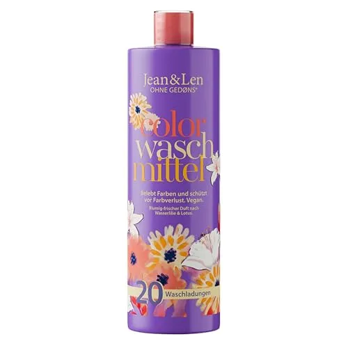 Jean & Len Colorwaschmittel Wasserlilie & Lotus, Farb- und Faserschonend, mit pflanzenbasierten Tensiden, frischer Duft, inkl. Dosierkappe, ohne Farbstoffe, Laundry Detergent vegan, 1 L