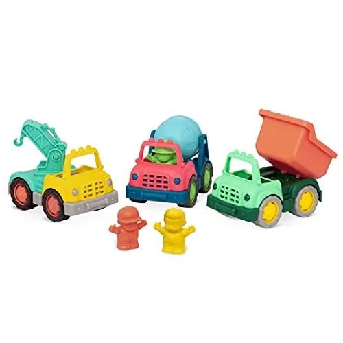 Battat Baufahrzeuge – 3 Mini-Spielzeug-Trucks mit 3 Figuren | 6-teiliges Set mit 3 Mini-Trucks und 3 Figuren: Muldenkipper, Kranwagen und Zementlaster für Rollenspiel, 1+ Jahre