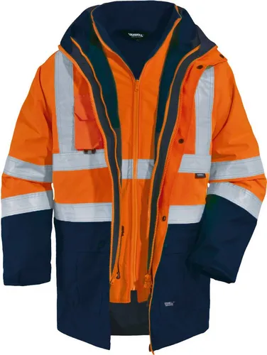 vizwell Funktionsparka 5 in1 Warnschutz Parka Arbeitsjacke Winterjacke mit Kapuze wasserdicht, auch als Weste tragbar