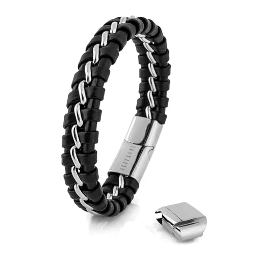 Akitsune Adeptus Lederarmband | Armschmuck Damen Herren Lederarmband mit Edelstahl-Streifen in der Mitte Mattschwarz - Silber 19,00 cm