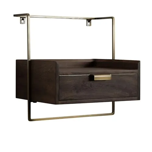 FINEBUY Nachttisch FB64190 – Wandmontierte Nachtkonsole aus Mango Massivholz - Nachtkonsolen aus hochwertigem Mango Massivholz, modernes Design in Dunkelbraun und Gold, ideal für stilvolle Schlafzimmer.