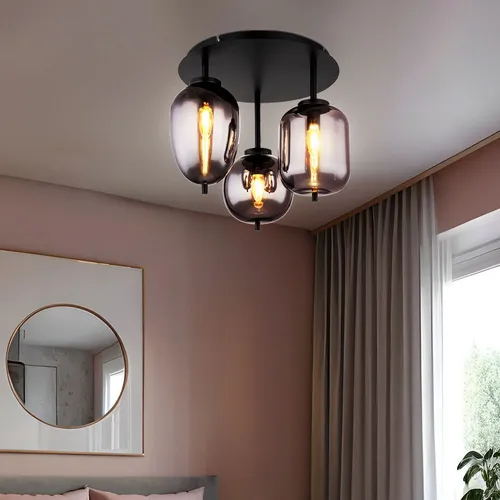 Deckenlampe 3 flammig mit rauchfarbenen Glasschirmen - Moderne Deckenlampe für Wohnzimmer, mit 3 E14 Fassungen und stilvollen rauchfarbenen Glasschirmen, die eine gemütliche Atmosphäre schaffen.
