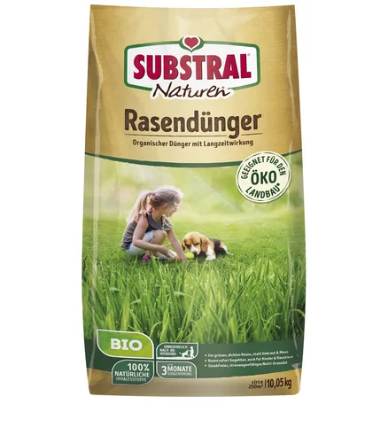 Substral Dünger Naturen Rasendünger 10 kg - Langzeitwirkung bis 90 Tage - Dünger für einen dichten, sattgrünen Rasen mit natürlichen Inhaltsstoffen. Unbedenklich für Kinder und Haustiere, ideal für Außenbereiche von März bis September.