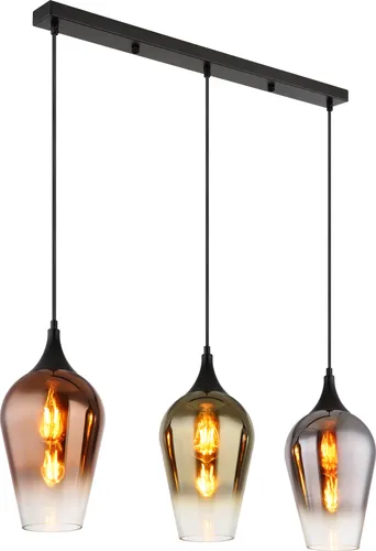Globo Lighting Hängeleuchte Metall schwarz matt, 3x E27 - Moderne Pendelleuchte aus mattem schwarzen Metall mit drei eleganten Glas-Schirmen in Gold, Kupfer und Rauchglas. Ideal für stimmungsvolle Beleuchtung über Esstischen oder Küchentresen.