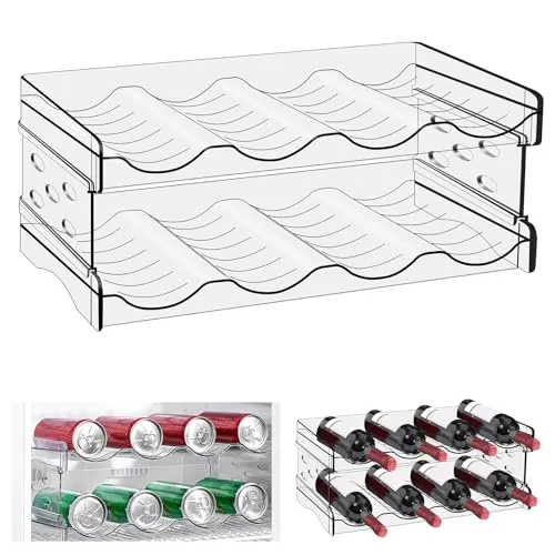 WANDGU Kühlschrank Organizer Flaschen: 8 Flaschen Stapelbarer Flaschenhalter, Weinflaschen Halter, Weinflaschenhalter Kunststoff, Dosenregal, Transparenter Wasserflaschenhalter für Schrank, Büro