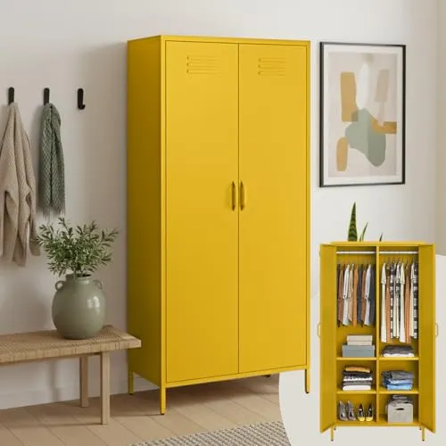 skølm Kleiderschrank Atria – Doppeltür, senfgelb, stilvoll und robust - Der skølm Kleiderschrank Atria bietet mit seiner cleveren Innenaufteilung und robustem Stahl eine langlebige Lösung für jedes Zuhause. Ideal für Kleidung und Accessoires – modern und pflegeleicht.
