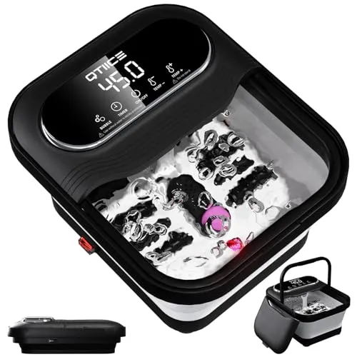 Qtiice Touchscreen Faltbare Fußbad und Massagegerät mit Heizung, Fußbadewanne, Fußbad mit Wärme und Blasen, Temperaturregelung, Massage-Rollen, Vibration, Pediküre-Stein, Griffe - Schwarz