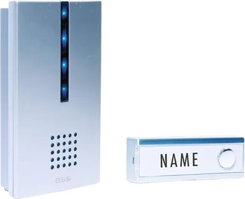 m-e Funkklingel FG-6.2 – Kabellose Türklingel Funk mit optischer Anzeige – Funkgong mit 8 Melodien – Bis 200 m Reichweite – Funkklingel mit Namensschild – Klingel Haustür Funk