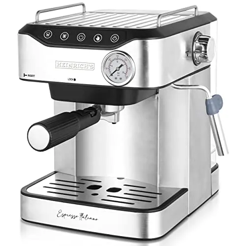 HEINRICHS Espressomaschine, Barista Siebträgermaschine mit 850W, 20 Bar Druck, Kaffeemaschine mit Milchaufschäumerstab, Doppelauslauf, abnehmbares Tropfgitter, 1.6Liter Wassertank, LED-Touch-Display