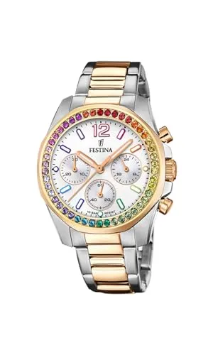 Festina F20608/2 Boyfriend Uhr für Damen - Roségold plattiert mit Regenbogen-Zirkonia - Damenuhr mit elegantem Edelstahlgehäuse in Roségold und einem strahlenden weißen Ziffernblatt, verziert mit bunten Zirkonia, ideal für jeden Anlass und bis zu 10 ATM wasserdicht.
