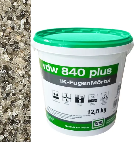 VDW 840 Plus 1K-Fugenmörtel 12,5 kg (Steingrau) - Fugenmörtel in steingrau, ideal für einfache und dauerhafte Verfugung von Fliesen und Platten, wasserabweisend und schimmelresistent.