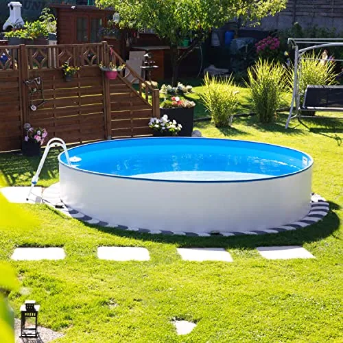 Steinbach Stahlwandpool Set Nuovo – Ø 450 x 120 cm - Swimmingpool für bis zu 17.200 l Wasser, winterfeste blaue Innenfolie und umfangreiches Zubehör für unvergesslichen Badespaß im Garten – ideal für die ganze Familie!