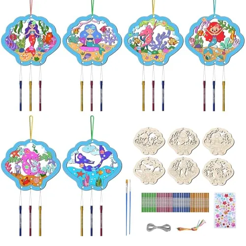 Zyluniy 12 Stück Windspiel Bastelset Kinder,Meerjungfrau Basteln,Holz Meerjungfrau Bastelset,Ozeantiere Windspiel Basteln zum Bemalen für Junge Mädchen Kindergeburtstag Basteln Sommer Gartendekoration