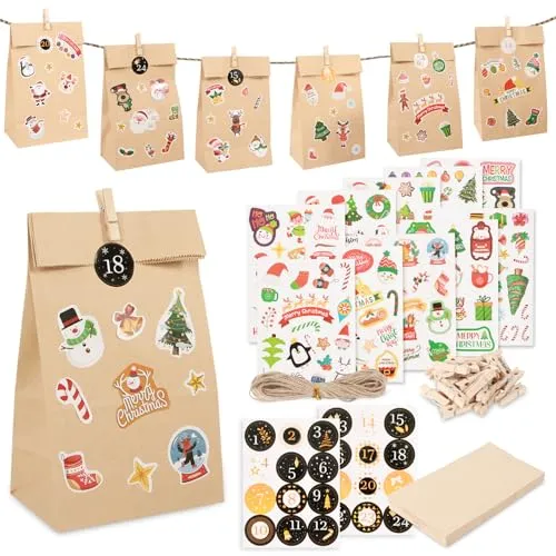 CNMTCCO Adventskalender zum Befüllen, Adventskalender 2025 zum Befüllen Kinder und Erwachsene, 24 Papier Adventstüten mit Holzklammern, Zahlenaufkleber und Weihnachtsaufkleber, Weihnachtskalender