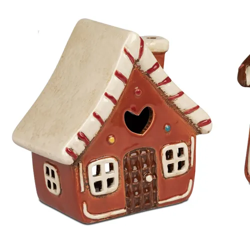 Windlicht Lebkuchenhaus H. 16cm braun weiß aus Steinzeug Formano W25
