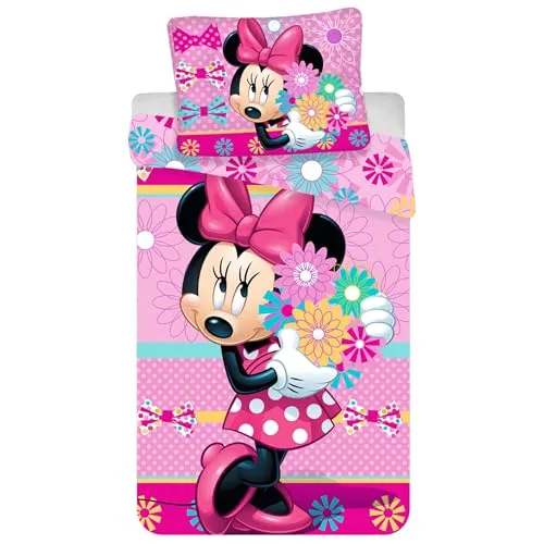 Disney Minnie Mouse Rosa, BEIDSEITIG, Kinderbettwäsche, Blumenmuster, Reißverschluss, 100% Baumwolle 140x200+50x70 cm Oeko-TEX (B)