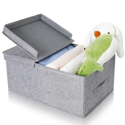 Cozary Aufbewahrungsbox mit Deckel - Klappdesign, 29L Kapazität, Aus Leinen Stoff, Faltbar und Stapelbar, Ideal für Kleidung und Zubehör Spielzeug - Grau - 48x29x21cm