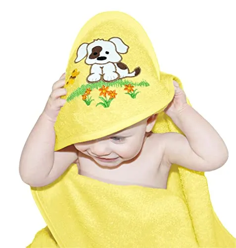 Lashuma Mädchen und Jungen Handtuch Motiv: Hund, Besticktes Babyhandtuch mit Kapuze gelb, Größe: 75x75 cm