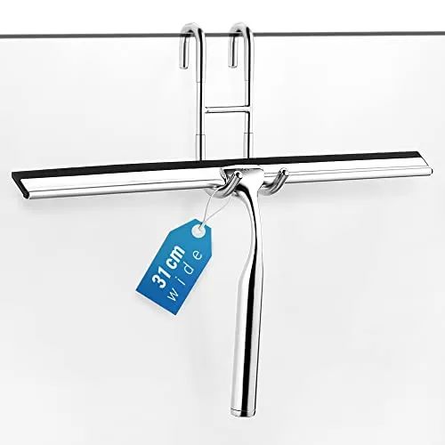 ecooe Edelstahl Duschwischer verlängert 31cm Duschabzieher Ohne Bohren Fensterabzieher mit Wandaufhänger Badezimmerwischer 2 Ersatzlippe Silikon Duschabzieher für Spiegel Fenster Glasreinigung