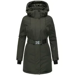 Navahoo Damen Wintermantel Frostkuss 14 Dark Olive Gr. S - Funktionsjacke mit abnehmbarer Kapuze und Taillengürtel, ideal für kalte Tage – vereint Komfort und Stil mit robustem Schutz vor Wind.