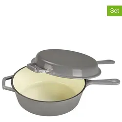 Gusseisen Topf & Pfanne Set, grau, 26.5 x 42 - Pfannen - Hochwertiger Kombi-Schmortopf aus robustem Gusseisen, leicht zu reinigen durch Emaille-Beschichtung und hitzebeständig für vielfältige Kochanwendungen.