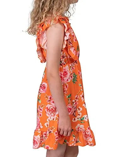 KMISSO Kinder Mädchen Blätter Blumen Midikleider Sommer Strandkleid Partykleider 30383 Orange 104