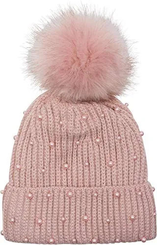 styleBREAKER Damen Strick Bommelmütze mit Perlen und Fleece Futter, warme Winter Fellbommel Mütze, Fake Fur 04024155, Farbe:Altrose