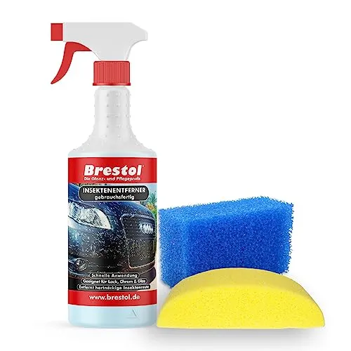 Brestol Insektenentferner Set1-1x 750 ml gebrauchsfertig, 1x Fahrzeugschwamm, 1x Insektenschwamm - Insektenlöser Polycarbonat geeigneter Vogelkotentferner Spezialreiniger alkalisch
