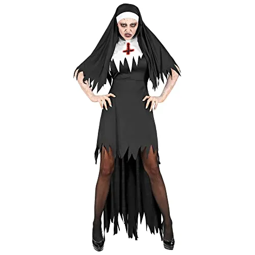 W WIDMANN MILANO Horror Nonne Kostüm - Zombie Gothic Outfit für Halloween - Kostüm-Outfits für Erwachsene: Verwandeln Sie sich in eine gruselige Untote Ordensfrau mit diesem einzigartigen, gezackten Kleid und der passenden Haube – ideal für schaurige Halloween-Partys!