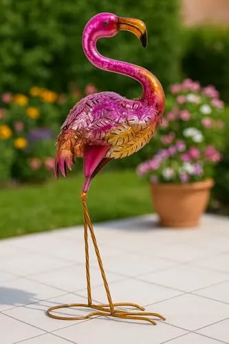 Schneemann-Versand Dekorativer Metall-Flamingo, 63 cm, Pink-Gold Metallic, Gartenfigur mit tropischem Blattmuster, Wetterfest
